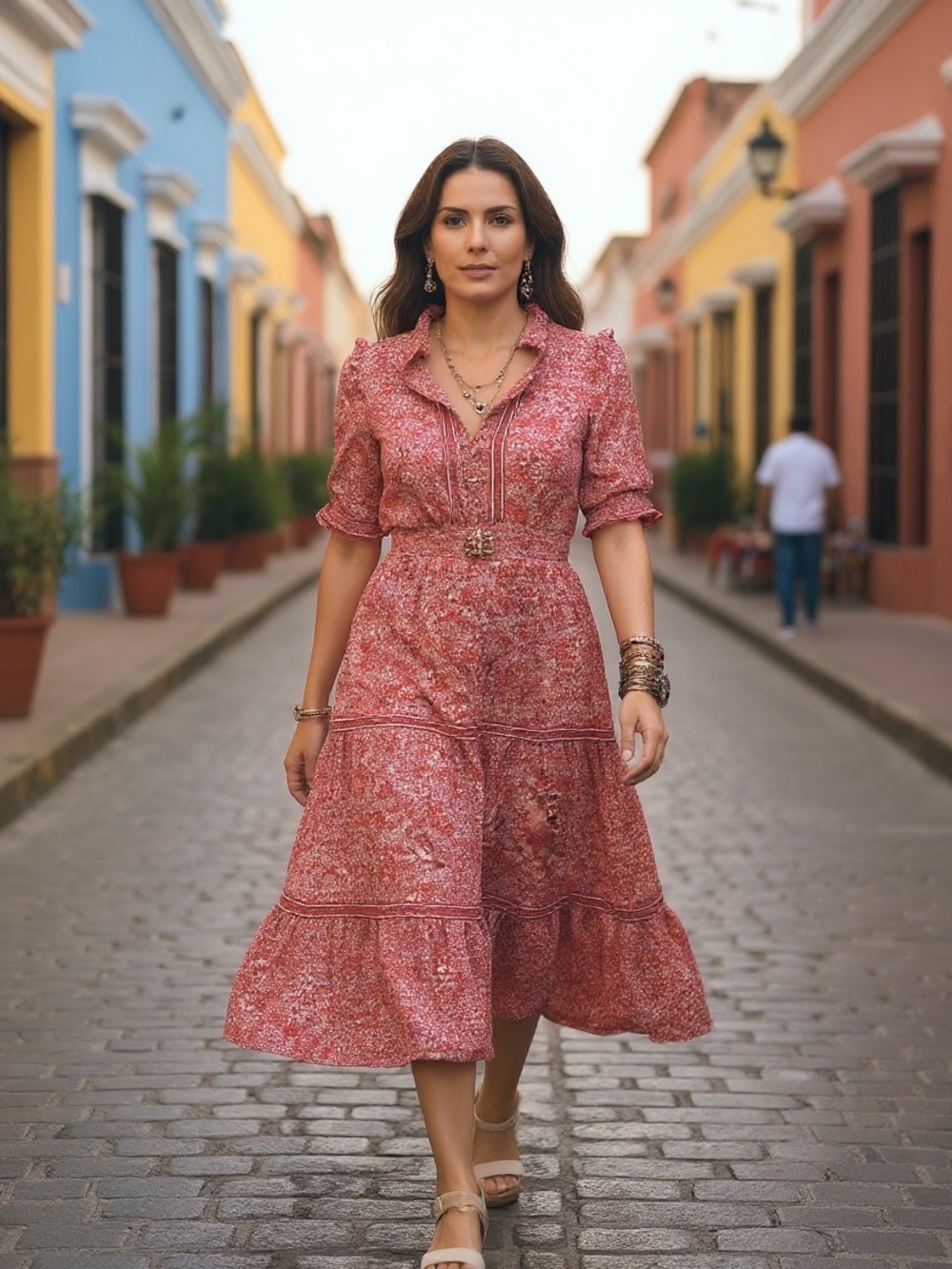 Max Studio Rose-Pink Floral Tiered Midi Dress